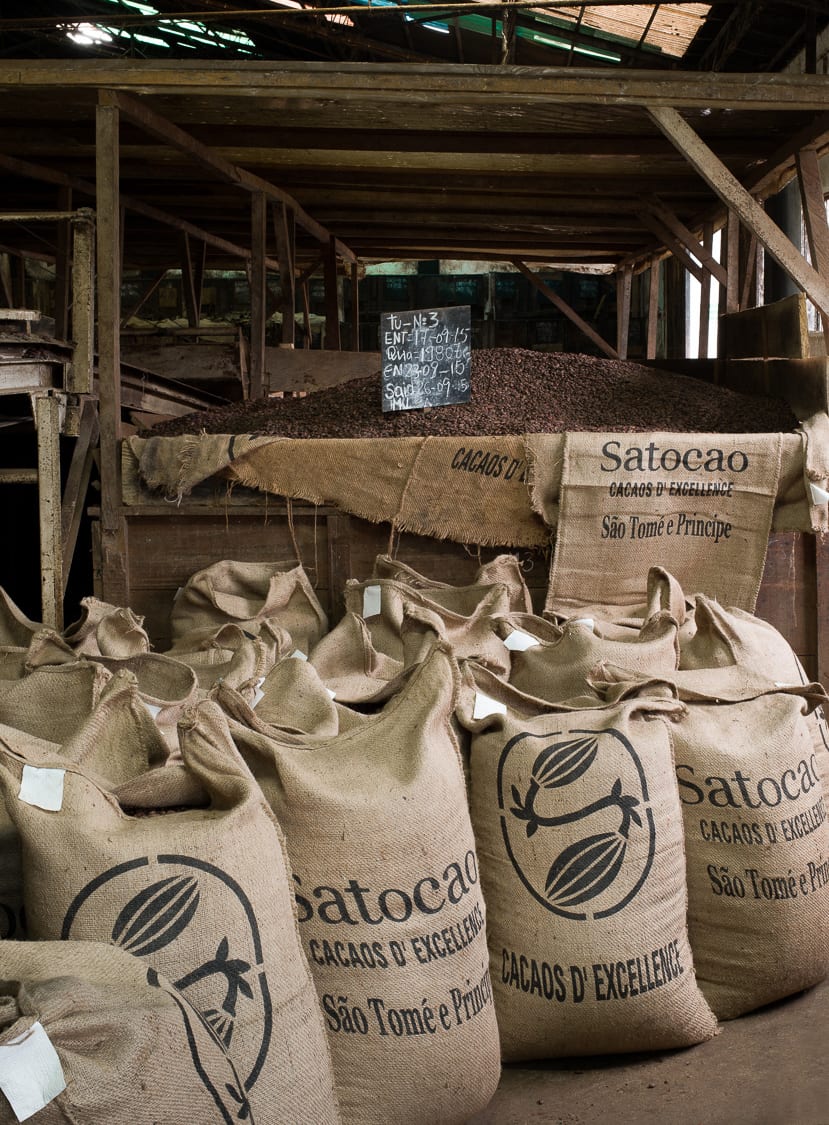 Zakken zorgvuldig geselecteerde cacao bij de producent