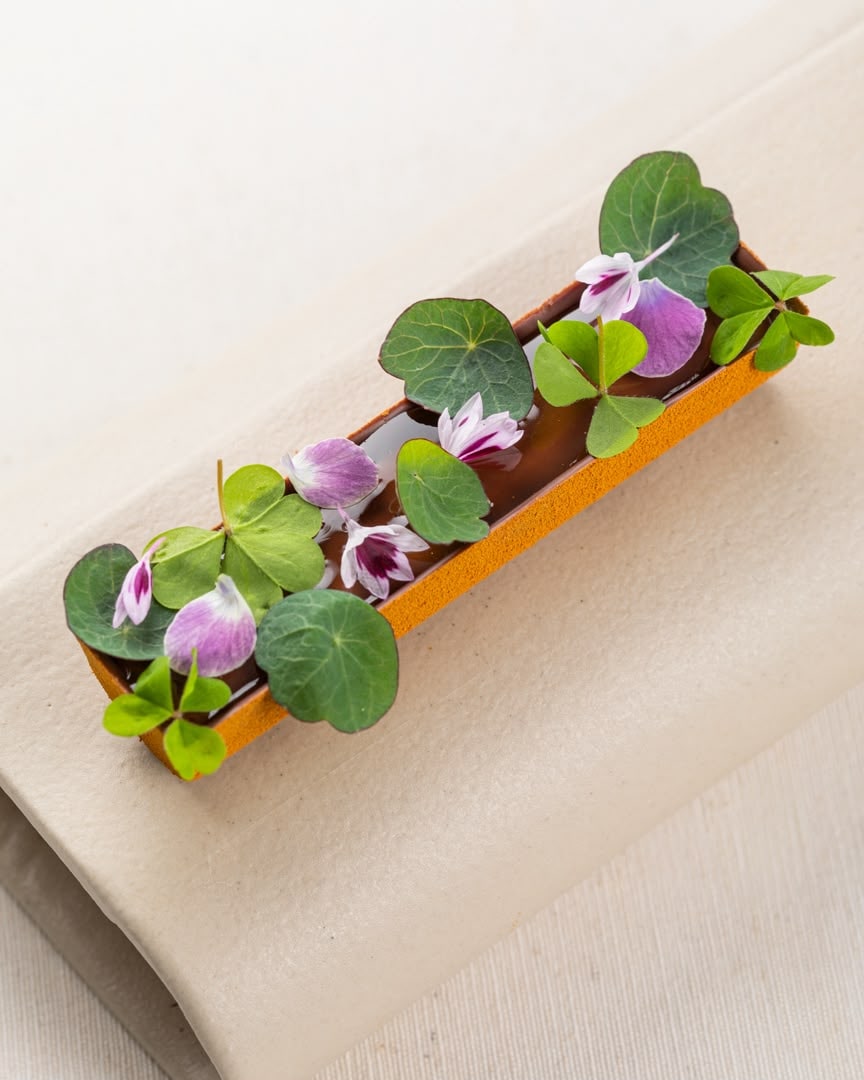 Chocoladetaartje met eetbare bloemen en groene blaadjes