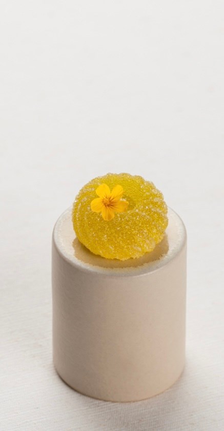 Geelgroene pâte de fruits met een gele bloem